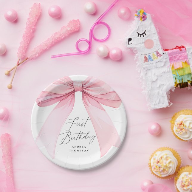 Elegant Pink Coquette Bow First Birthday Girl Paper Plate (Party)
