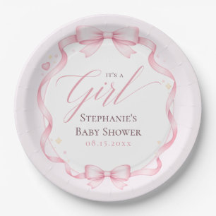 Elegant Pink Coquette Bow Floral Baby Shower Paper Plate