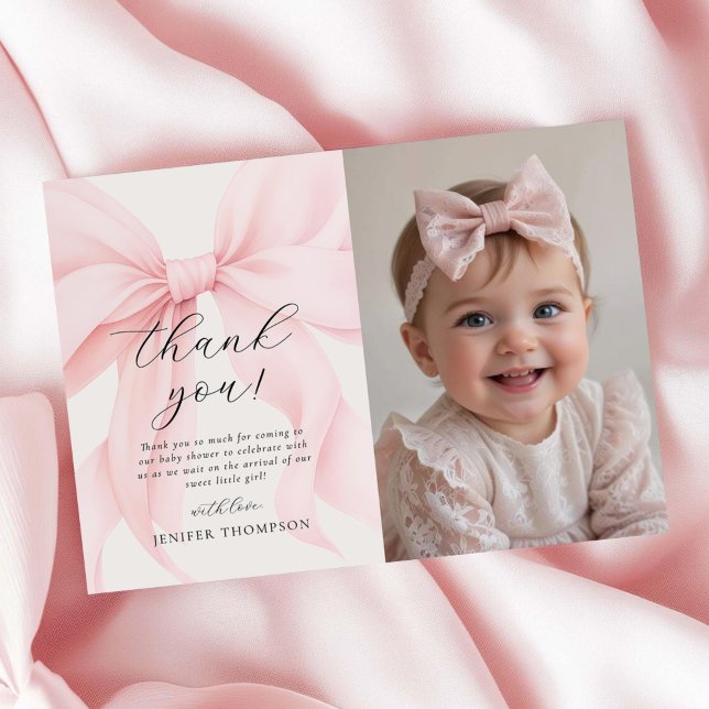 Elegant Pink Coquette Bow Girl Baby Shower Photo Thank You Card (Creator Uploaded)