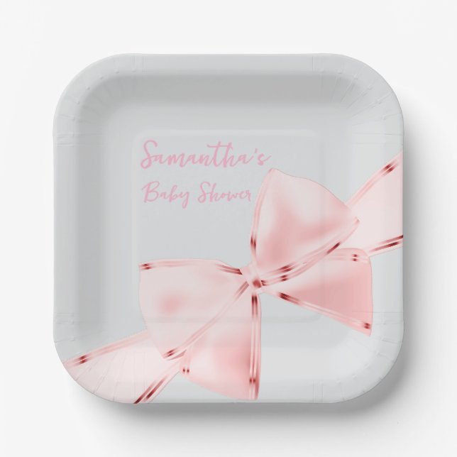 Elegant Pink Coquette Bow Girl Baby Shower Square Paper Plate (Front)