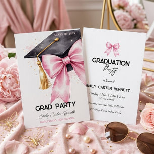 Elegant Pink Coquette Bow Graduation Hat Invitation