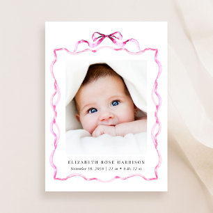 Elegant Pink Coquette Bow Photo Girl Birth Announcement