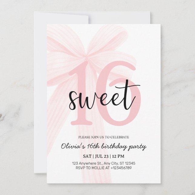 Elegant Pink Coquette Bow Sweet 16 Birthday Invitation (Front)