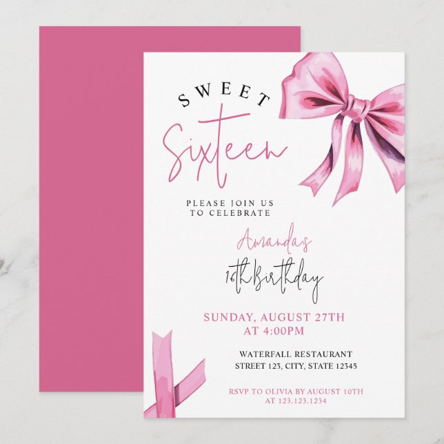 Elegant Pink Coquette Bow Sweet 16 Birthday Invitation (Front/Back)
