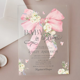 Elegant Pink Coquette Floral Bow Baby Shower  Acrylic Invitations