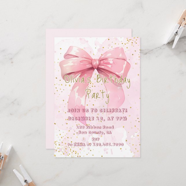 Elegant Pink Coquette Girly Bow Birthday Invitation (Front/Back In Situ)