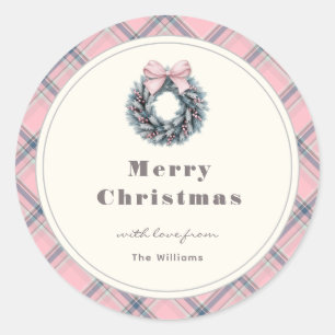 Elegant Pink Coquette Xmas Wreath Preppy Plaid Classic Round Sticker