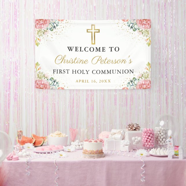 Elegant Pink Coral Floral First Holy Communion Banner (Party)