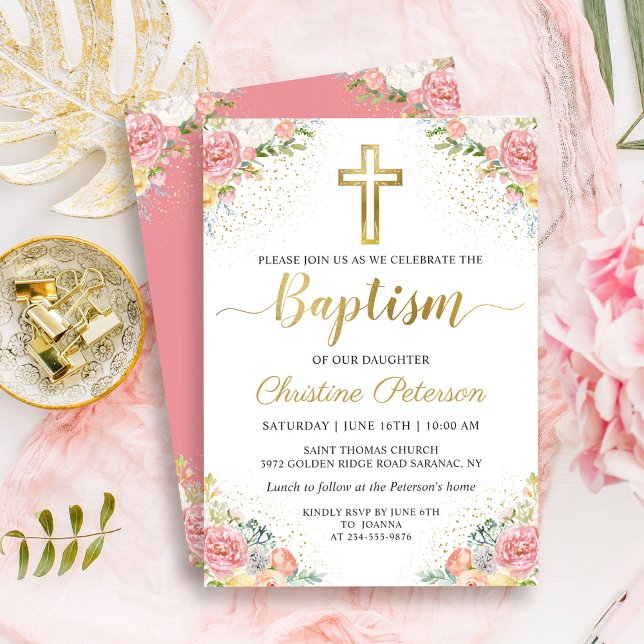 Elegant Pink Coral Floral Gold Glitter Baptism Invitation (Creator Uploaded)