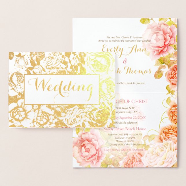 Elegant Pink, Coral Gold Foil Rose Wedding Foil Card (Display)