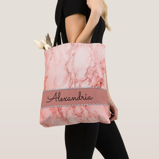 Elegant Pink Coral Marble Personalised Tote Bag (Close Up)
