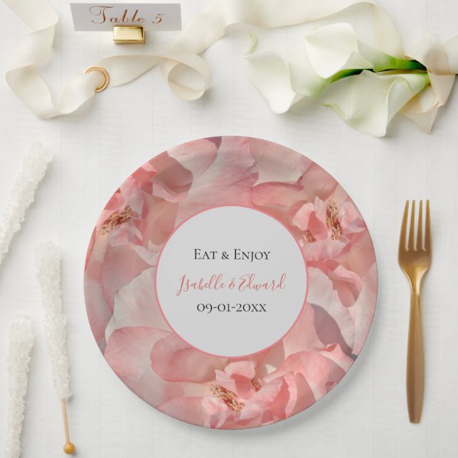 Elegant Pink Coral Rose Image Wedding  Paper Plate (Wedding)