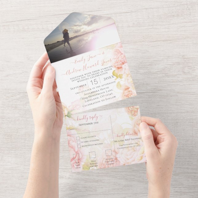 Elegant Pink Coral Secret Rose Garden Wedding  All In One Invitation (Tearaway)