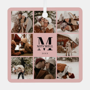 Elegant Pink Couple Photo Collage   Monogram Gift Metal Tree Decoration