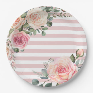 Elegant Pink Cream Floral Dream Stripe Paper Plate