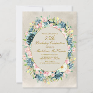 Elegant Pink Cream Floral Greenery 75th Birthday Invitation