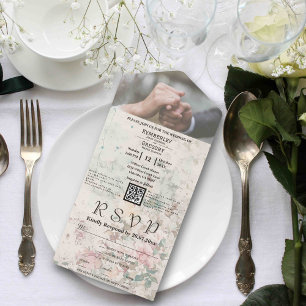 Elegant Pink Cream Watercolor Floral QR Code Photo All In One Invitation