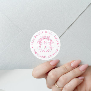 Elegant Pink Crest Wedding Return Address Classic Round Sticker