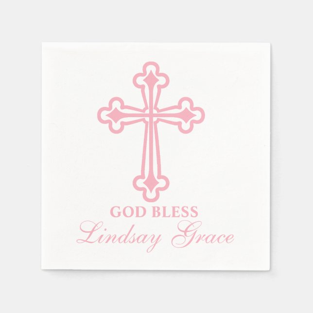 Elegant Pink Cross Baptism Personalised Napkin (Front)