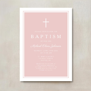Elegant Pink Cross Girl Baptism Invitation