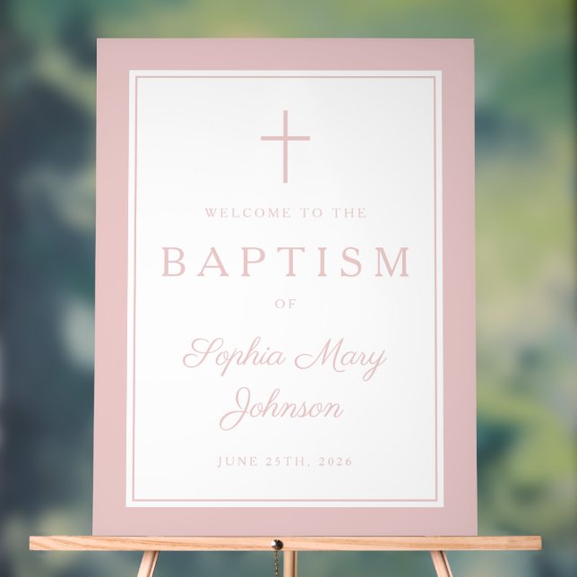Elegant Pink Cross Girl Baptism Welcome Acrylic Sign (Neutral)