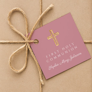 Elegant Pink Cross Girl First Communion Favour Tags