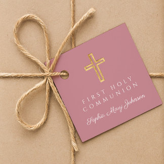 Elegant Pink Cross Girl First Communion Favour Tags