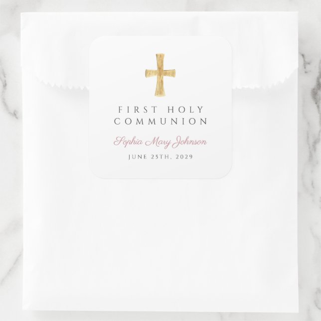 Elegant Pink Cross Girl First Communion  Square Sticker (Bag)