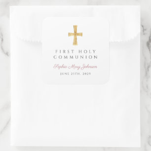 Elegant Pink Cross Girl First Communion  Square Sticker