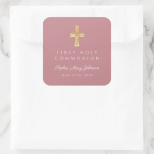 Elegant Pink Cross Girl First Communion  Square Sticker