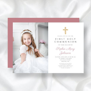 Elegant Pink Cross Girl  Photo First Communion Invitation
