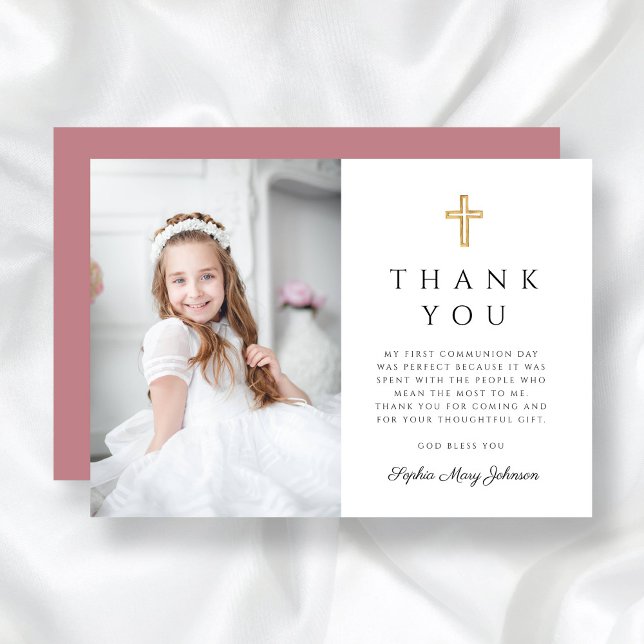 Elegant Pink Cross Girl Photo First Communion  Thank You Card (Elegant Pink Cross Girl Photo First Communion Thank You Card)
