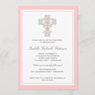 Elegant Pink Cross Girls Christening Invitation