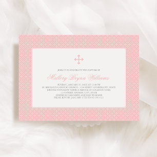 Elegant Pink Cross Pattern Baby Girl Baptism Invitation