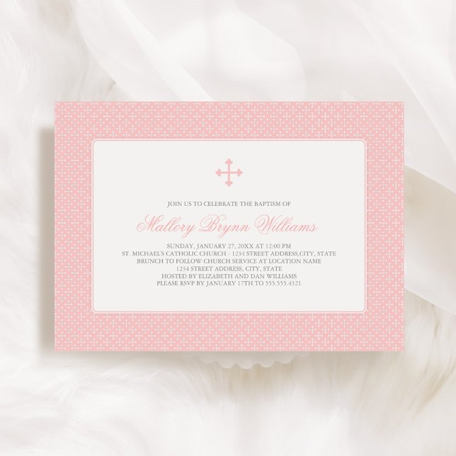 Elegant Pink Cross Pattern Baby Girl Baptism Invitation (Creator Uploaded)