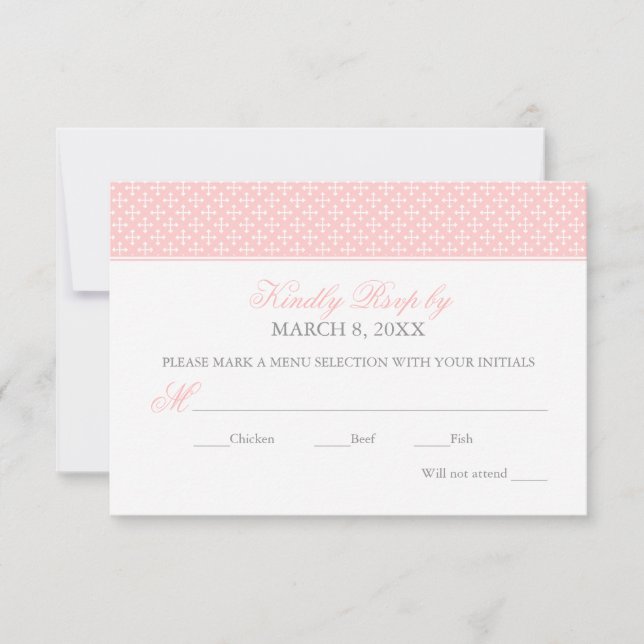 Elegant Pink Cross Pattern Baby Girl Baptism RSVP Card (Front)