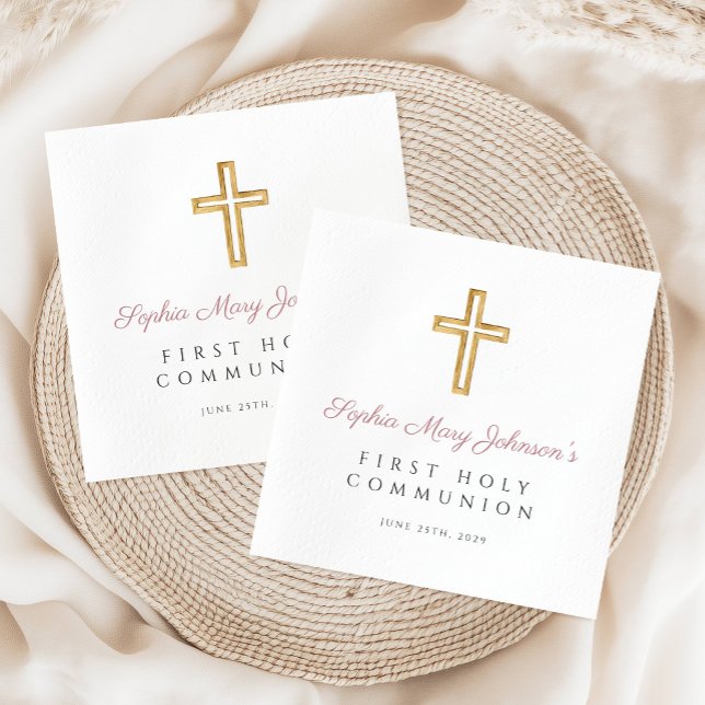 Elegant Pink Cross Religious Girl First Communion Napkin (Elegant Pink Cross Religious Girl First Communion Napkins)