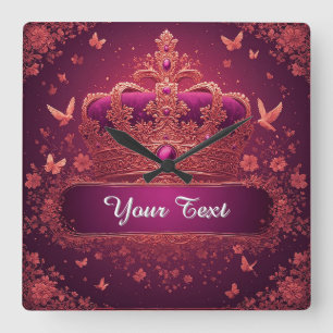 Elegant Pink Crown With Gold Embellishments Square Wall Clock
