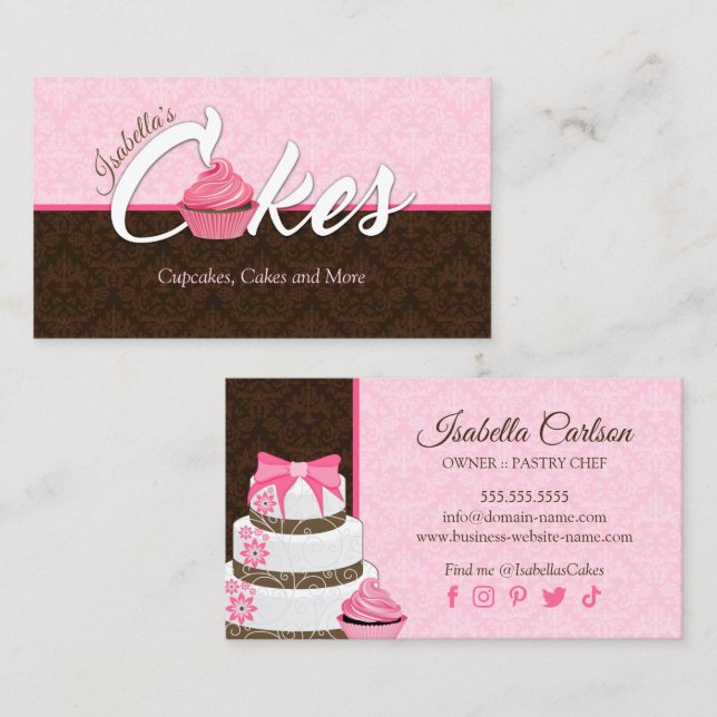 Elegant Pink Cupcake and Cake Dessert Bakery Business Card (Front/Back)