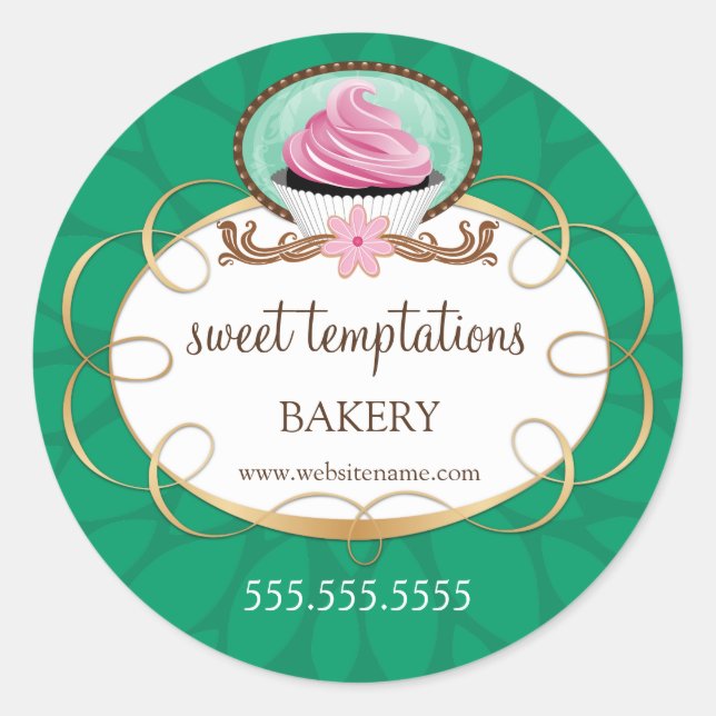 Elegant Pink Cupcake Bakery Packaging Classic Round Sticker (Front)