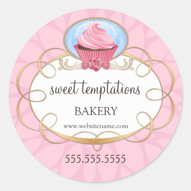 Elegant Pink Cupcake Bakery Packaging Classic Round Sticker (Front)