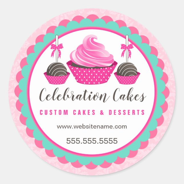 Elegant Pink Cupcake Cake Pops Scalloped Banner Classic Round Sticker (Front)