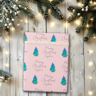 Elegant Pink Custom Merry Christmas Tree Wrapping Paper