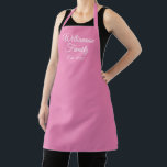 Elegant pink custom script family name est date  apron<br><div class="desc">Elegant pink custom script family family name and est date kitchen Apron.
Customisable white text on pink solid plain background.
Great for family or business.

Great for cooks,  chefs,  pottery,  ceramics,  crafts,  work,  kitchen,  baking,  bbq,  grill,  and also businesses and stores,  etc</div>