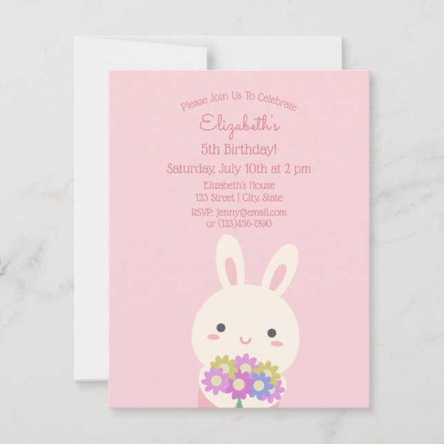 Elegant Pink Cute Rabbit & Flowers Girl Birthday Invitation (Front)