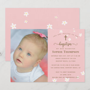 Elegant Pink Daisies Girl Religious Baptism Photo Invitation