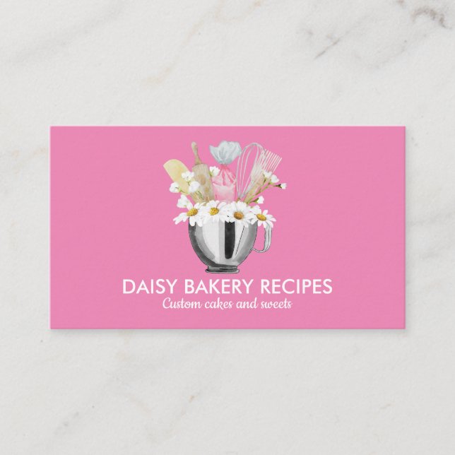Elegant Pink Daisy Flowers Bakery Tools Design Business Card (Front)