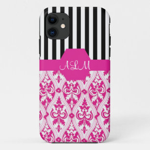 Elegant pink damask and B&W strips iPhone 11 Case