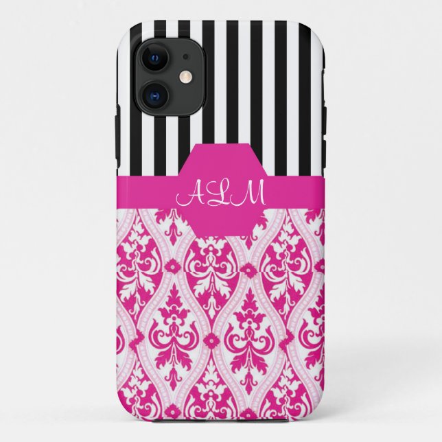 Elegant pink damask and B&W strips Case-Mate iPhone Case (Back)