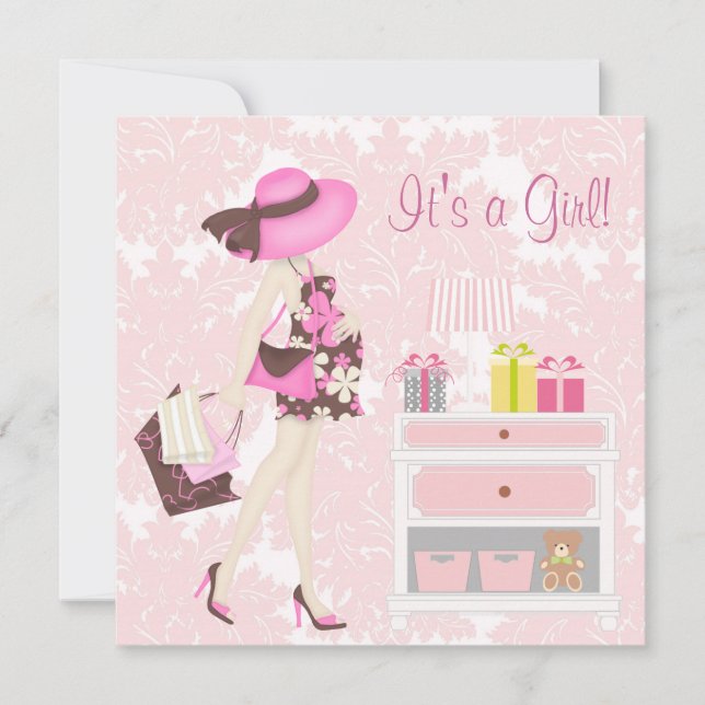 Elegant Pink Damask Baby Shower Invitations (Front)